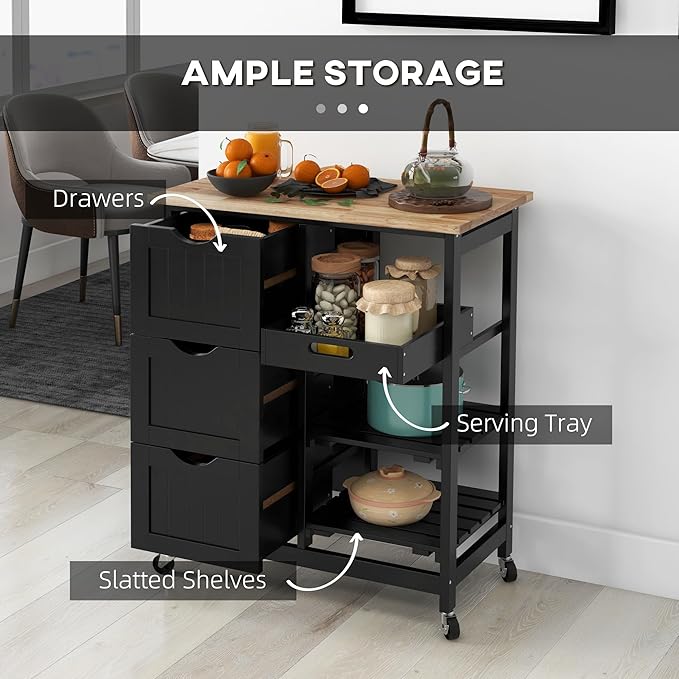HOMCOM Rolling Kitchen Island Cart, Bar Serving Cart, Compact Trolley on Wheels with Wood Top, Shelves & Drawers for Home Dining Area, Black