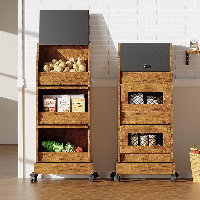 Potato and Onion Bin with Lid Movable Bread Box, Potato and Onion Storage with Wheels Black Movable, Vegetable Cabinet with 3 Tier Storage, Grocery Section Bread Box Set of 2