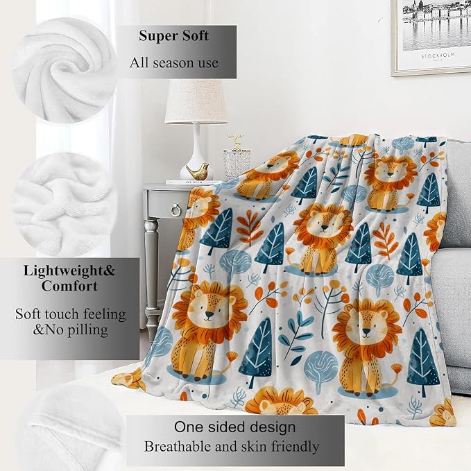 Cute Lion and Forest Blanket,Fun Cartoon Jungle Theme Throw Blankets,Birthday Gifts for Kids & Animal Lovers,Lightweight Soft Fleece,for Picnic Sofa Couch Bed Room Travel,Modern Decor,50x60in
