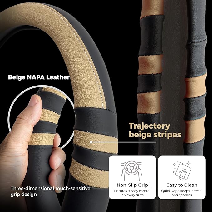 Sport Steering Wheel Cover for Cars – Premium Black & Beige NAPA Leather, Dynamic Stitching, Enhanced Grip, Comfortable Fit for 15 Inch Wheels, Easy to Install (Beige, M-15)
