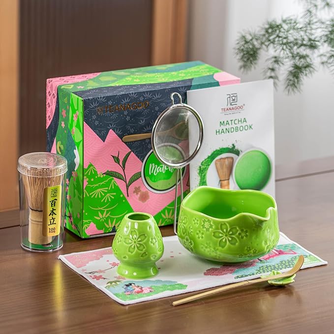 TEANAGOO 7-PCS Green Matcha Whisk Set, Complete Ceremony Start Kit, Ceramic Chawan Bowl with Spout, Whisk & Accessories, Traditional Matcha Tea Set for Lattes& Gift Giving
