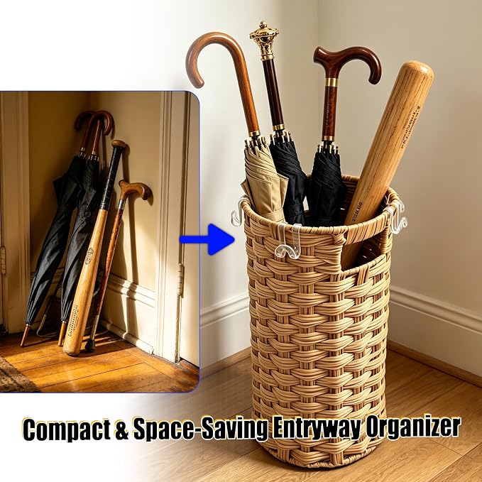 Rattan Umbrella Stand with Drip Tray - Hand Woven Freestanding Entryway Umbrella Holder, Small Rattan Rack Organizer with 4 Hooks for Folding Umbrellas & Canes, 7.5" L x 7.5" W x 16.5" H