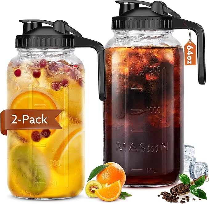 Glass Pitcher with Lid, 64 OZ Mason Jar Pitcher Double Leak Proof, 2 Quart Breast Milk Storage Containers for Fridge, Wide Mouth Glass Jar for Sun Tea, Juice, Cold Brew Coffee