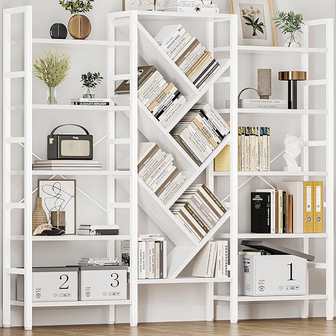 INNOD 70" Triple 5 Tier Book Shelf, Large Wooden Bookcase with 17 Open Display Shelf, Modern Tree Bookshelf Metal Frame Tall Bookshelf Furniture for Living Room Bedroom Home Office White