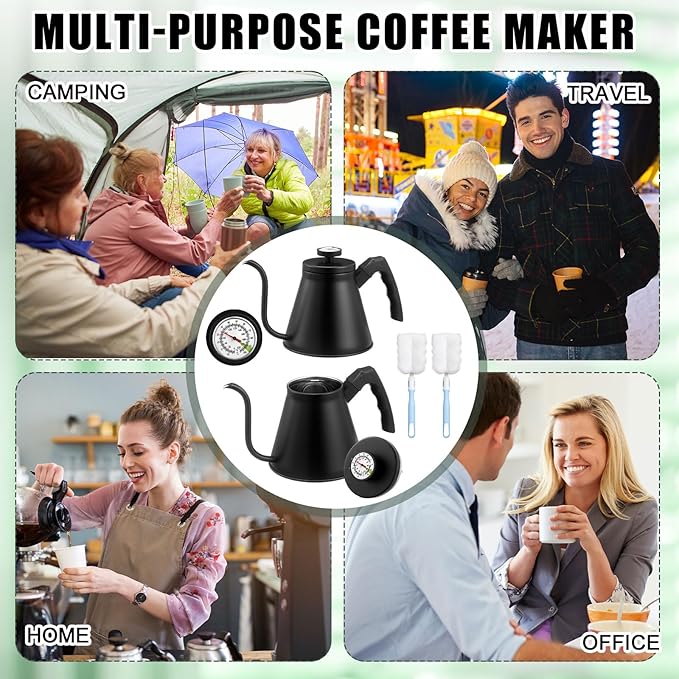 2 Pack 40 oz Gooseneck Kettle with Thermometer Stainless Steel Pour over Coffee Kettle Precision Drip Spout for Stovetop Home Kitchen Camping(Black)