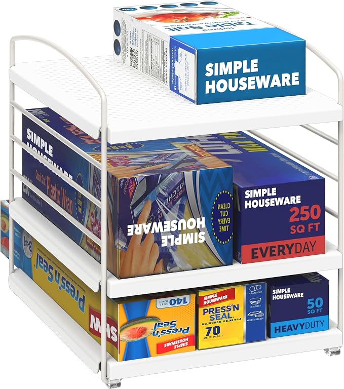 Simple Houseware Kitchen Wrap Organizer Storage Height Adjustable Rack, White