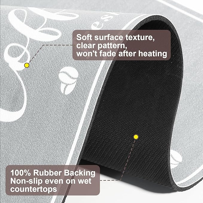 Absorbent Coffee Mat, Fashion Dish Drying Mat for Kitchen Counter Coffee Bar Accessories Espresso Machine Dish Rack 12" x 20" Light Grey