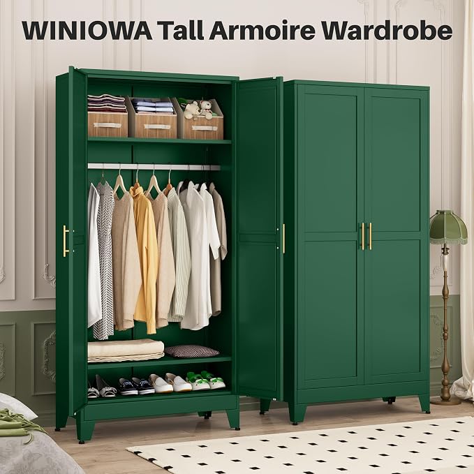 winiowa Metal Armoire Wardrobe Closet with 2 Doors, 71" Wardrobe Cabinet with Adjustable Shelves and Hanging Rod, Clothing Storage Cabinet Closet for Bedroom-Green