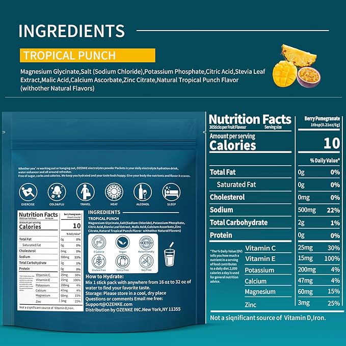 Electrolytes Powder Packets, 30 Sticks Hydration Packet Sugar Free, Electrolyte Drink Mix Travel Electrolyte for Rapid Hydration, Tropical Punch