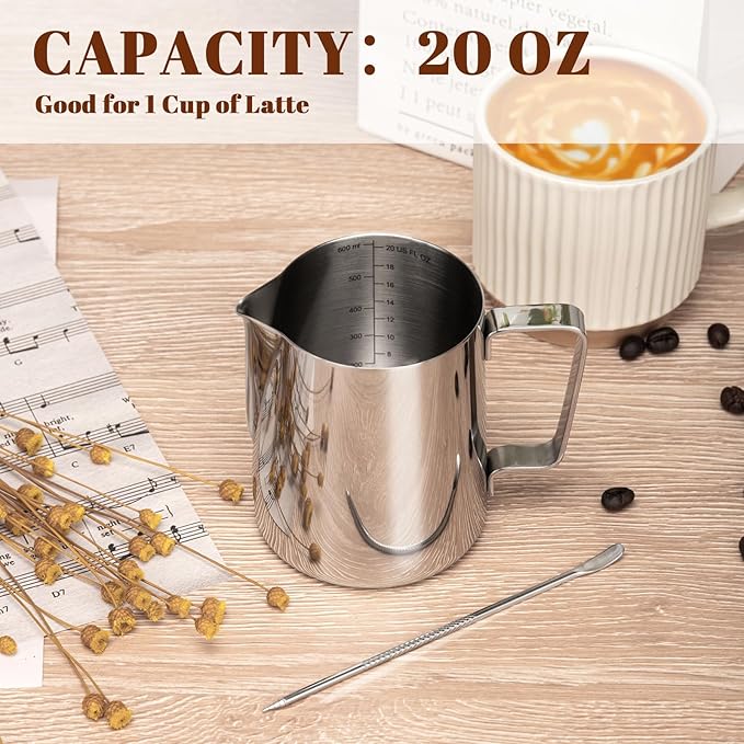 Milk Frothing Pitcher, 20oz Milk Frother Cup with Clear Scale, 304 Stainless Steel Cappuccino Espresso Machine Accessories for Barista Coffee Bar with Latte Art Pen, Silver