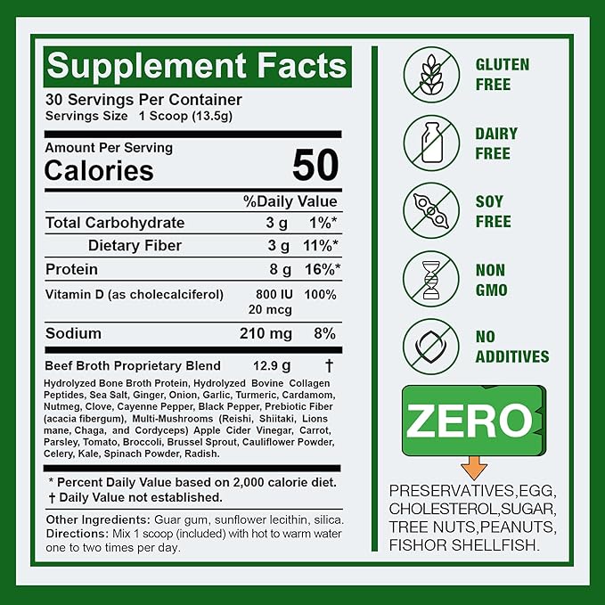 Zammex Bone Broth Plus Superfood Protein Powder (Turmeric Flavor), 8g Hydrolyzed Protein with Vitamin D, for Healthy Skin, Nails, Hair, Joints & Digestion,Non-GMO (30 Servings)