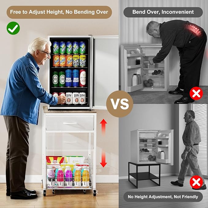 Housolution Mobile Mini Fridge Stand with Storage, Height-Adjustable Mini Beverage Fridge Table, Coffee Bar, 200 lbs Heavy-Duty Compact Refrigerator Shelf with Rolling Cabinet for Kitchen Home, White