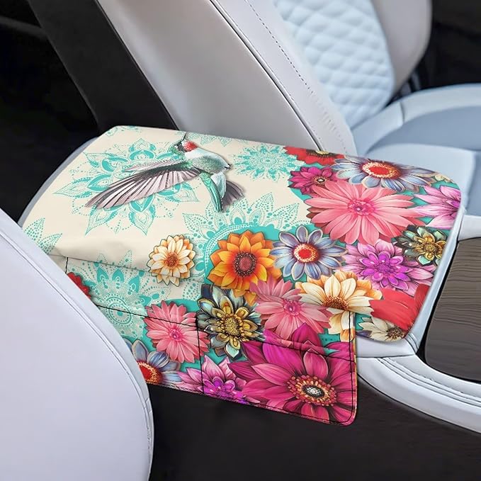 Dreaweet Boho Hummingbird Arm Rest Cover for Car Women Thick Center Console Armrest Pad with Pockets Auto Car Car Center Console Cushion Pad