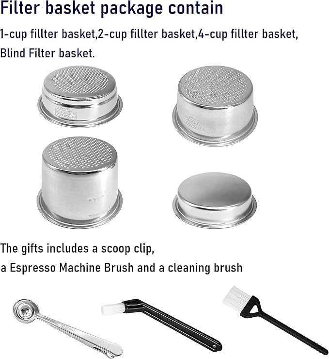 NEOUZA 51mm Stainless Steel Filter Basket 1/2/4 Cup for Espresso Bottomless Portafilter,compatible with Delonghi,Yabano,Breville 51mm Coffee Machine.Gift: Blind Filter and Scoop Clip