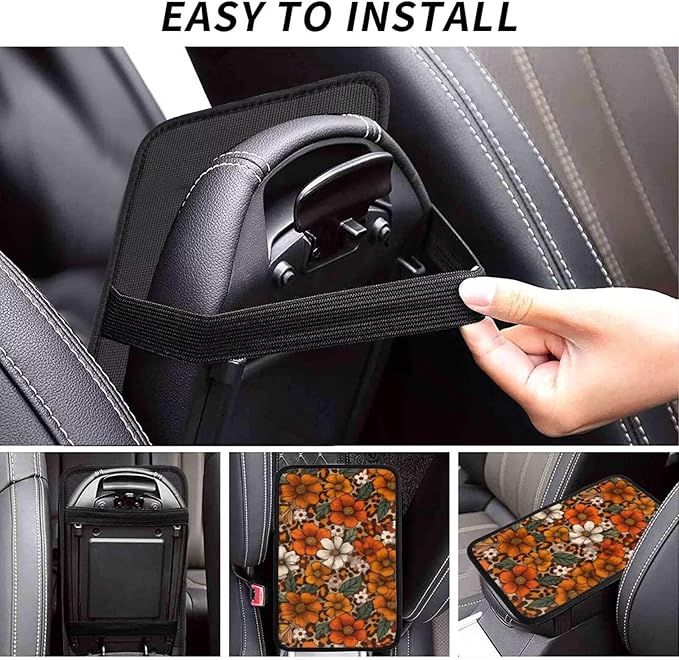 Brown Floral Center Console Cover Boho Hippie Daisy Cute Armrest Covers Soft Cozy Protector Interior Middle Console Lid Cover Pad Leopard Vintage Arm Rest Covers