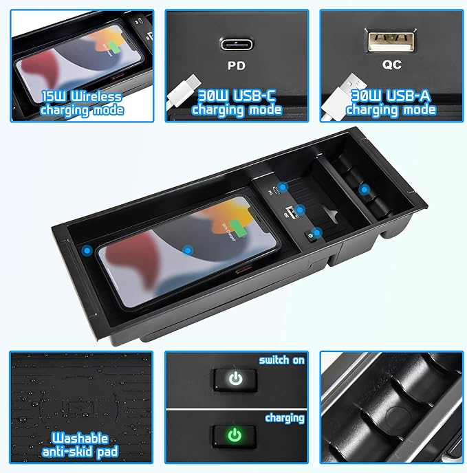 Wireless Charger for F150 2009-2023, Center Console Organizer Box Fast Wireless Chargering with USB-A USB-C Port for Ford F150 2009-2021 2022 2023 Accessories
