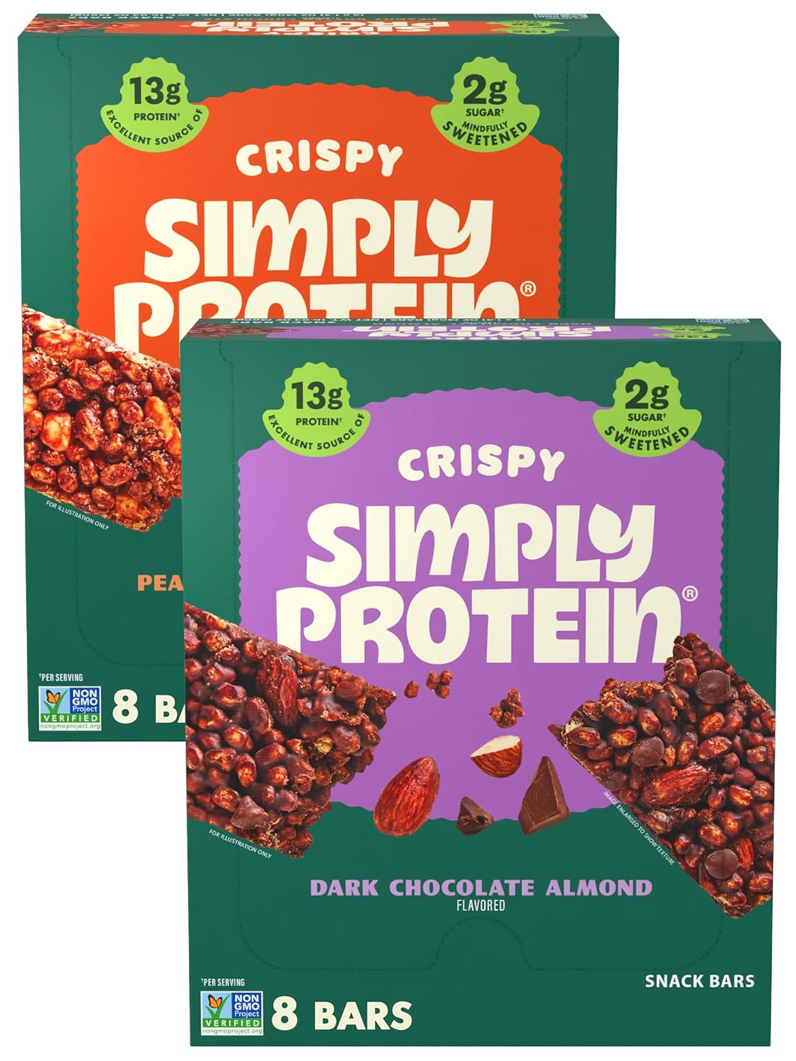 Simply Protein - Crispy Vegan Protein Bars Variety Pack, 3 Flavors - Plant Based, Protein Snacks - 13g Protein, 2g Sugar, 7g Fiber - Gluten Free, Non GMO, Kosher - 12 Bars