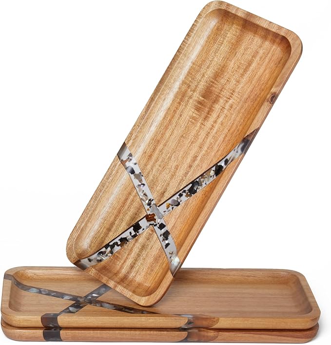 Anyvape Acacia Wood Serving Trays with Resin Inlay, Set of 3 Wooden Serving Platters for Home Decor, Food, Cheese, Fruit, Vegetables, Charcuterie, Appetizer Serving Tray(14 x 5.5 inches)