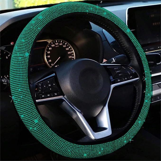 Bling Diamond Steering Wheel Cover, Universal Fit 14.5-15 Inch, Elastic No Inner Ring, All Season Car Decor(Green)