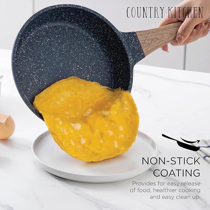 Country Kitchen Non-Stick Cast Aluminum Cookware Set - Durable Kitchen Cookware for Everyday Cooking, Navy, 11 Pc.