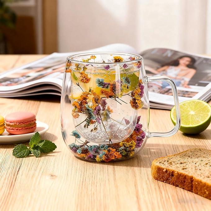 Double Wall Glass Coffee Mugs, Cute Clear Flower Cups with Handle, Unique Double Insulated Glass Cup for Cappuccino Tea Espresso Latte Hot Beverages, Birthday Gifts for Mother Women (12oz)