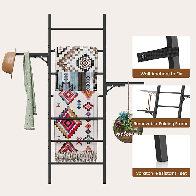 Metal Blanket Ladder, 7-Tier Towel Rack with Ajustable Side Rack, Blanket Rack Stand for Living Room, Bathroom, Quilt Display Ladder Shelf, Farmhouse Black