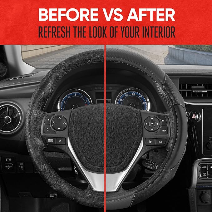 Motor Trend GripDrive Gray Carbon Fiber Steering Wheel Cover, Standard 15 inch Size, Black Faux Leather Comfort Grip, Car Steering Wheel Cover for Auto Truck Van SUV