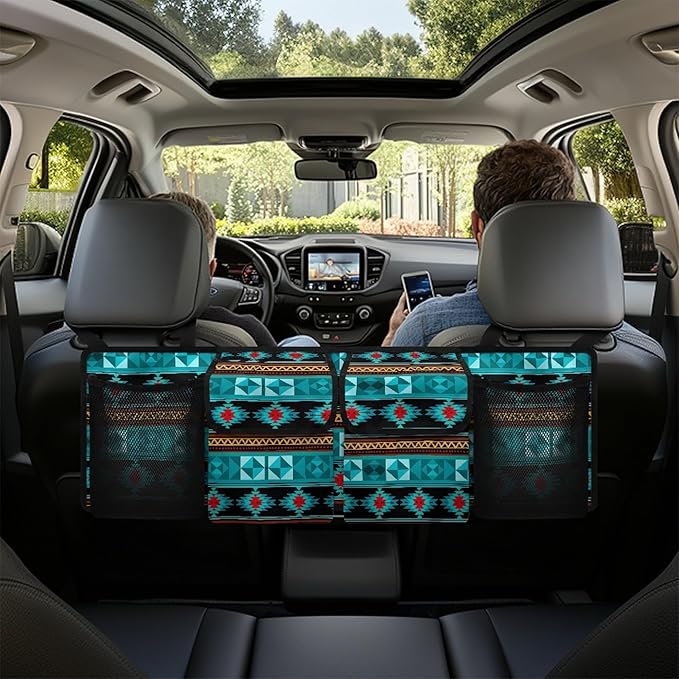 CLOHOMIN Aztec Ethnic Gemoetric Car Trunk Organizer for Sedan Truck SUV Van Blue Back Seat Storage with 4 Pockets Hanging Car Cargo Trunk Storage Organizer Bag