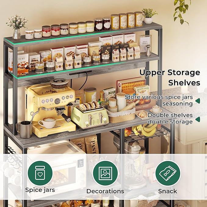 SUPERJARE Bakers Rack with Power Outlet, 47.2 Inches Coffee Bar with Wire Basket, Kitchen Microwave Stand with 6 S-Shaped Hooks, Open Storage Shelves, Grey