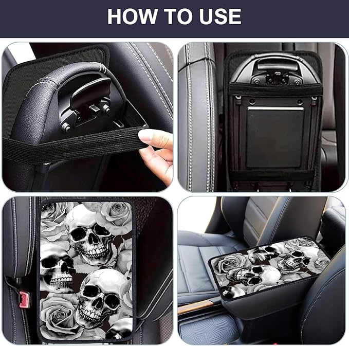 CREATCABIN Skull Auto Center Console Cover Car Armrest Pad Auto Armrest Storage Box Pad Soft Anti-Slip Lines Waterproof Car Accessories Interior with Elastic Band for Vehicle SUV Truck 12.6×7.5in