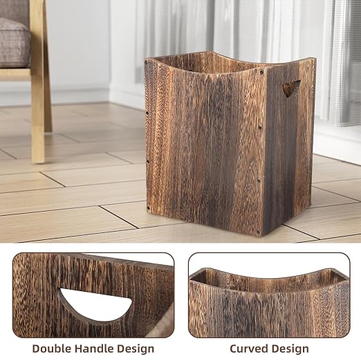 2 Pack 5 Gallon Wooden Trash Can Curved Design Office Waste Basket, Rectangular Farmhouse Garbage Can, Brown Vintage Wood Trash Can Storage Basket With Handles for Bedroom Office Decorative