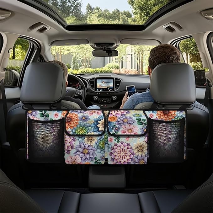CLOHOMIN Boho Flowers Car Trunk Organizer for Sedan Organizers and Storage with 4 Pockets Hanging Back Seat Organizer Car Storage Accessories Interior