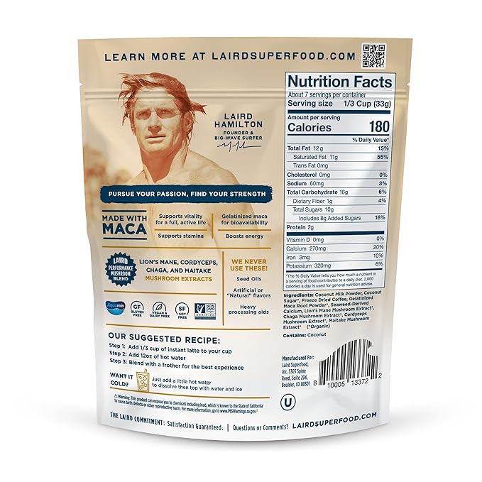 Laird Superfood Maca Instant Latte, Non-Dairy, Sweet & Creamy, Superfood Creamer, Gluten Free, Non-GMO, Vegan, 8 oz. Bag, Pack of 2