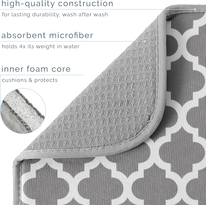 S&T INC. Dish Drying Mat, 16” x 18”, Absorbent Microfiber Kitchen Counter Mat, Dish Drying Pad for Dishes, Utensils, Pots and Pans, Large, White Trellis