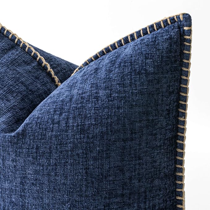 MIULEE Pack of 2 Couch Throw Pillow Covers 18x18 Inch Navy Farmhouse Decorative Pillow Covers with Stitched Edge Soft Chenille Solid Dyed Pillow Covers for Sofa Bed Living Room