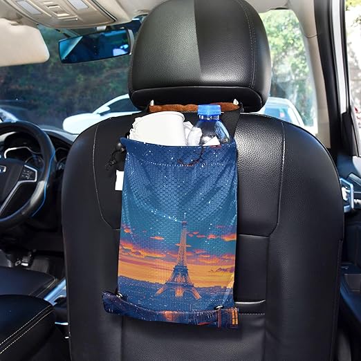 ALAZA Hanging Car Trash Bags Garbage Bag Trash Can for Back Seat Small Eiffel Tower Night Washable Storage Bag Retractable 2 Pack