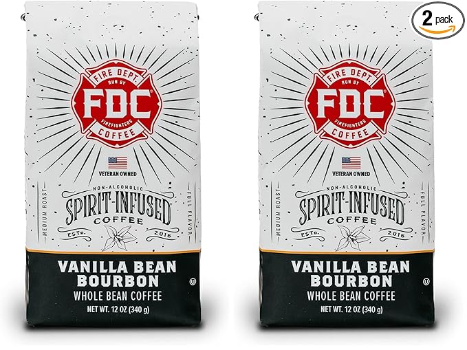 Fire Department Coffee - Vanilla Bourbon Coffee Beans - Gives Back to Firefighters - Vanilla Bean Bourbon Infused Whole Bean - Non-Alcoholic - Roasted in the USA - Veteran Owned (12 oz, Pack of 2)