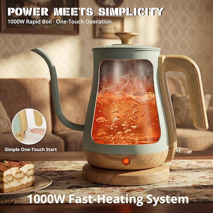 Electric Kettle, Electric Tea Kettle Stainless Steel, Gooseneck Electric Kettle, 1000W Hot Water Kettle Electric Auto Shut Off, 0.8L, Wood-like Grain Finish Handle, Light Green