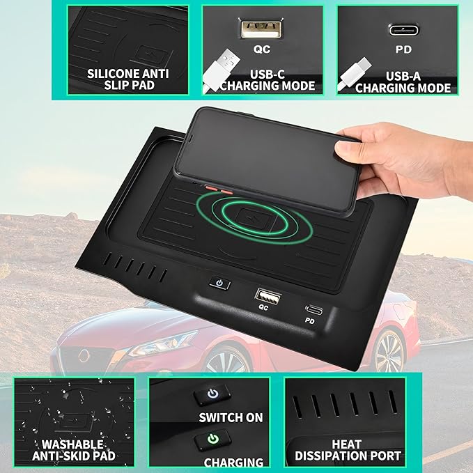 Wireless Charger for 2019-2024 Nissan Altima L34 Style Accessories, USB-A USB-C Phone Wireless Fast Charging Panel for S/SR/SV/SR VC-Turbo/SL/Platinum/latinum VC-Turbo/Edition One