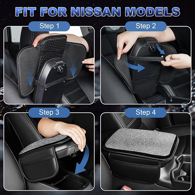 Bling Center Console Cover Fit for Infiniti Q50 2014-2024: Crystal Rhinestone Automotive Armrest Cushion-Stylish Diamond Arm Rest Protection Mat(Black)