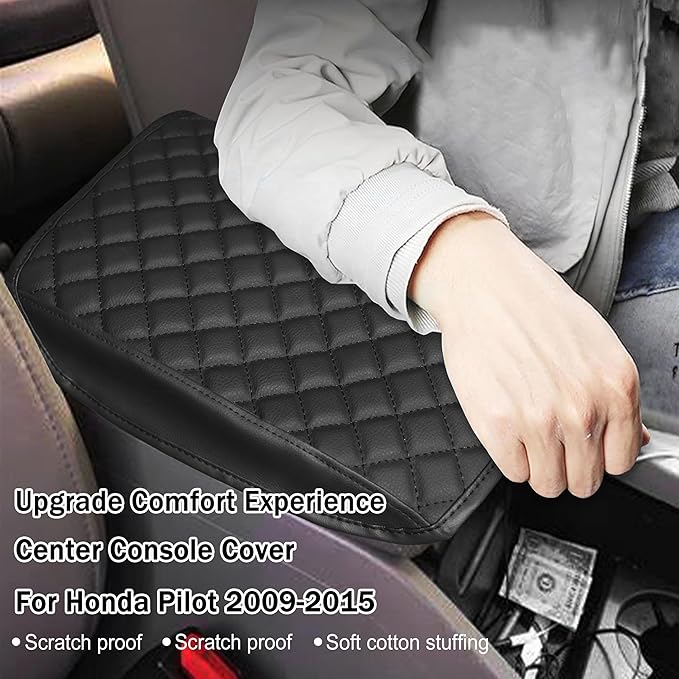 SENSHINE Armrest Cover for Honda Pilot Accessories 2009 2010 2011 2012 2013 2014 2015 Center Console Cover Anti-Scratch Leather Armrest Decoration for Honda Pilot Interior Accessories (Black Trim)