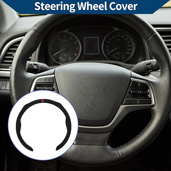 Suede Steering Wheel Cover ABS Car Steering Wheel Protector 14.96" Black Red 1 Pc