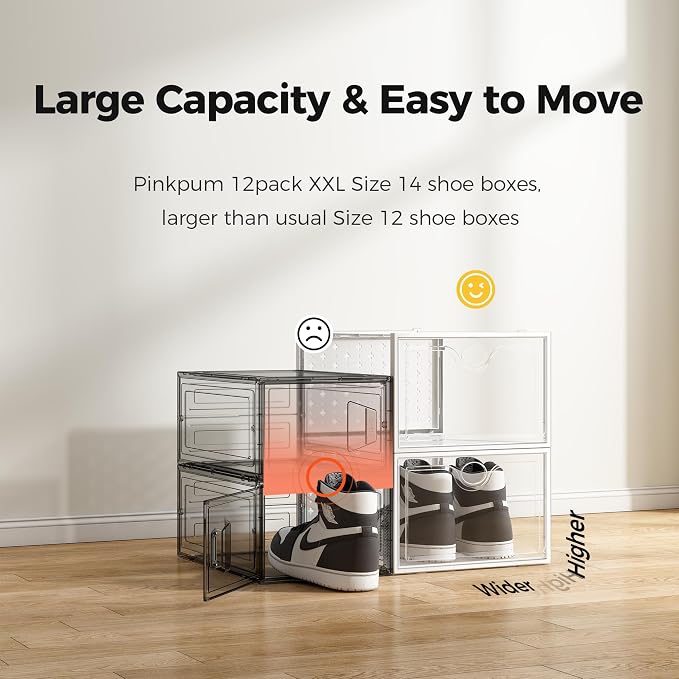 Pinkpum XXL Larger Shoe Storage Boxes Fit Size 14, Clear Plastic Stackable Shoe Organizer 12 Pack Sneaker Storage for Sneakerheads Shoe Containers, 6.8“ Height for High Shoes