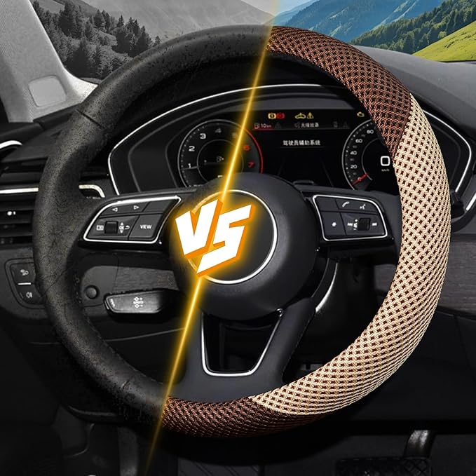 KAFEEK Steering Wheel Cover, Universal 15 inch, Microfiber Breathable Ice Silk, Anti-Slip, Odorless, Beige& Brown