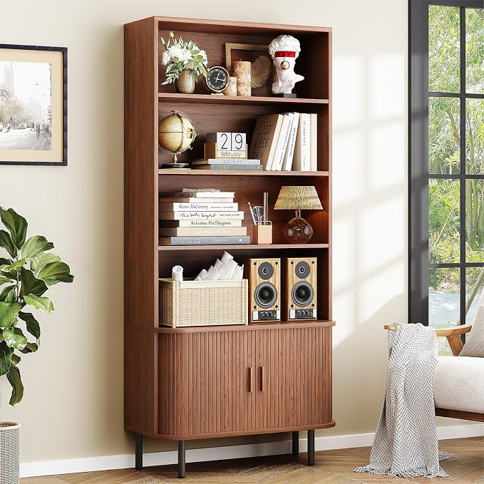ONBRILL 71" Tall Bookshelf, 4-Tier Bookcase with Storage Cabinet & Adjustable Storage Shelf, Freestanding Wood Bookshelf with Sliding Door and Adjustable Footpad, for Home Office, Living Room, Walnut