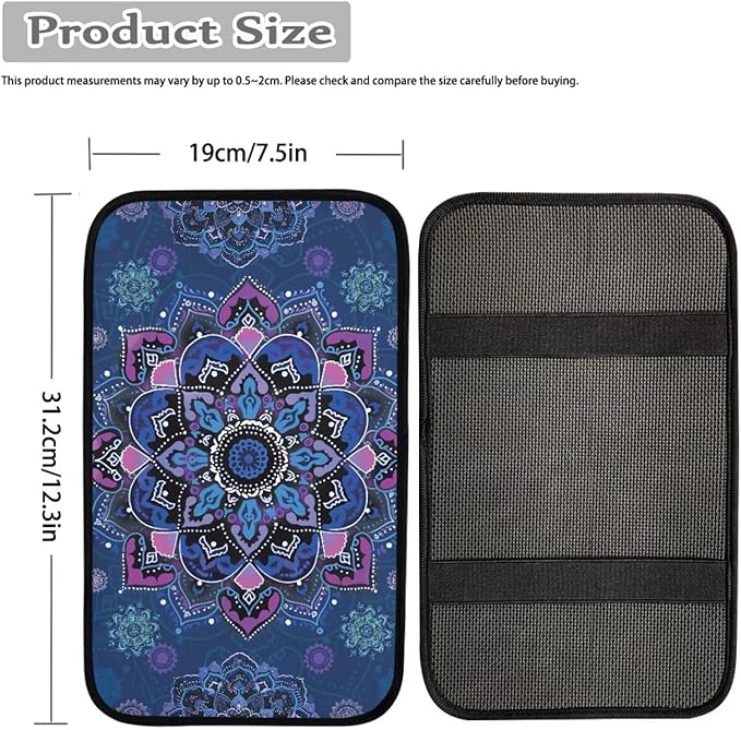Mandala Flower Print Car Center Console Cushion Pad Dust-Proof Universal Armrest Cover Decorative Car Interior Accessories for Truck Sedan SUV