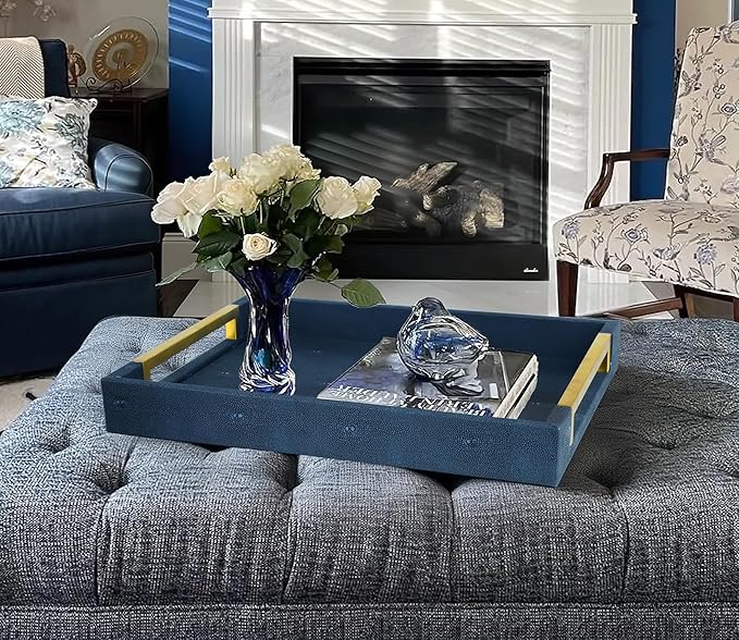 HofferRuffer Faux Leather Serving Tray with Gold Metal Handles, Stylish Decorative Tray Organizer for Coffee Table, Ottoman, Home Decor and Serving (Blue Shagreen, 16.2" x 12.2" x 2")