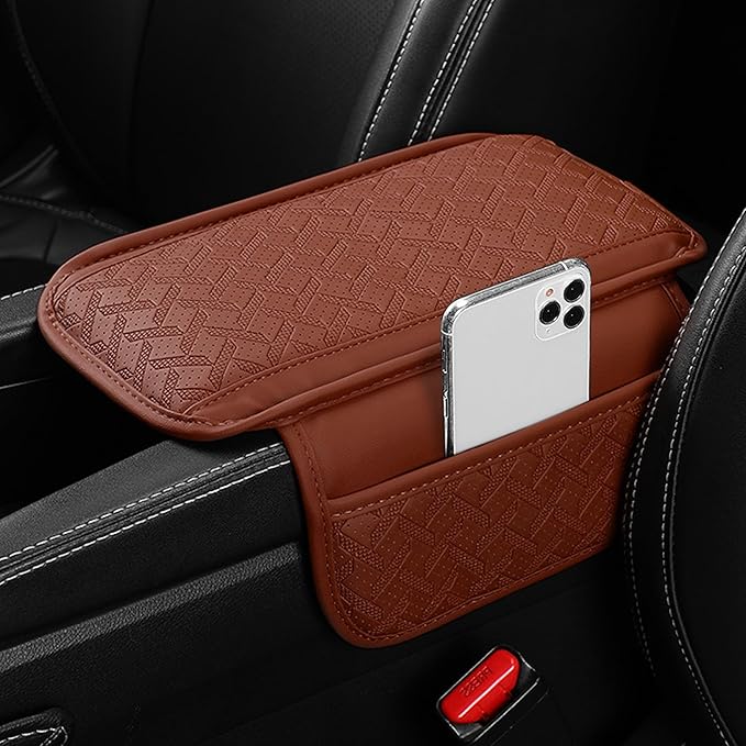Car Armrest Cushion, Leather Soft Vehicle Center Console Cover with 2 Storage Bag, Breathable Automotive Interior Arm Rest Protection Pad Accessories, Universal for SUV Sedan Truck(Orange)