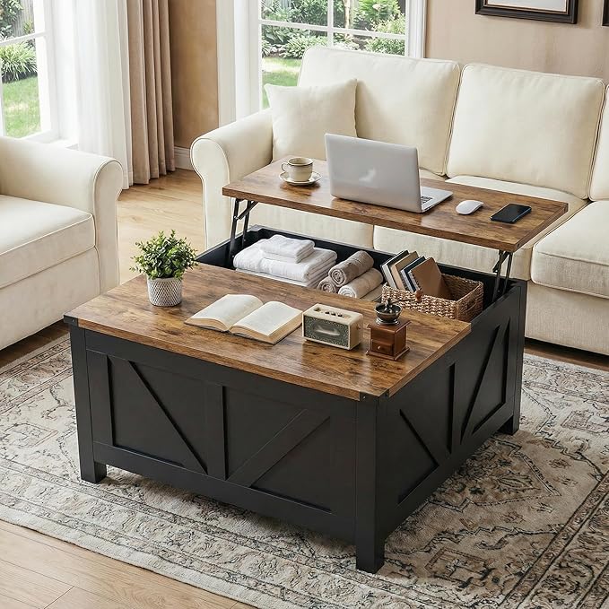 35” Farmhouse Coffee Table with Large Storage, Rustic Wood Lift Top Coffee Table for Living Room, Square Center Table with Charging Station&USB, Modern Port Pottery Barn Lift top Table