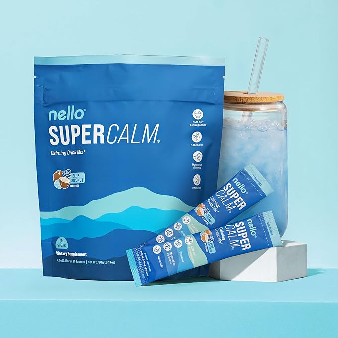 Nello Supercalm Drink Mix with Magnesium Glycinate, KSM 66 Ashwagandha, Vitamin D3 and L Theanine, Calm Powder Supplements for Relaxation Support, No Sugar, Travel Packets, 20 Ct, Blue Coconut
